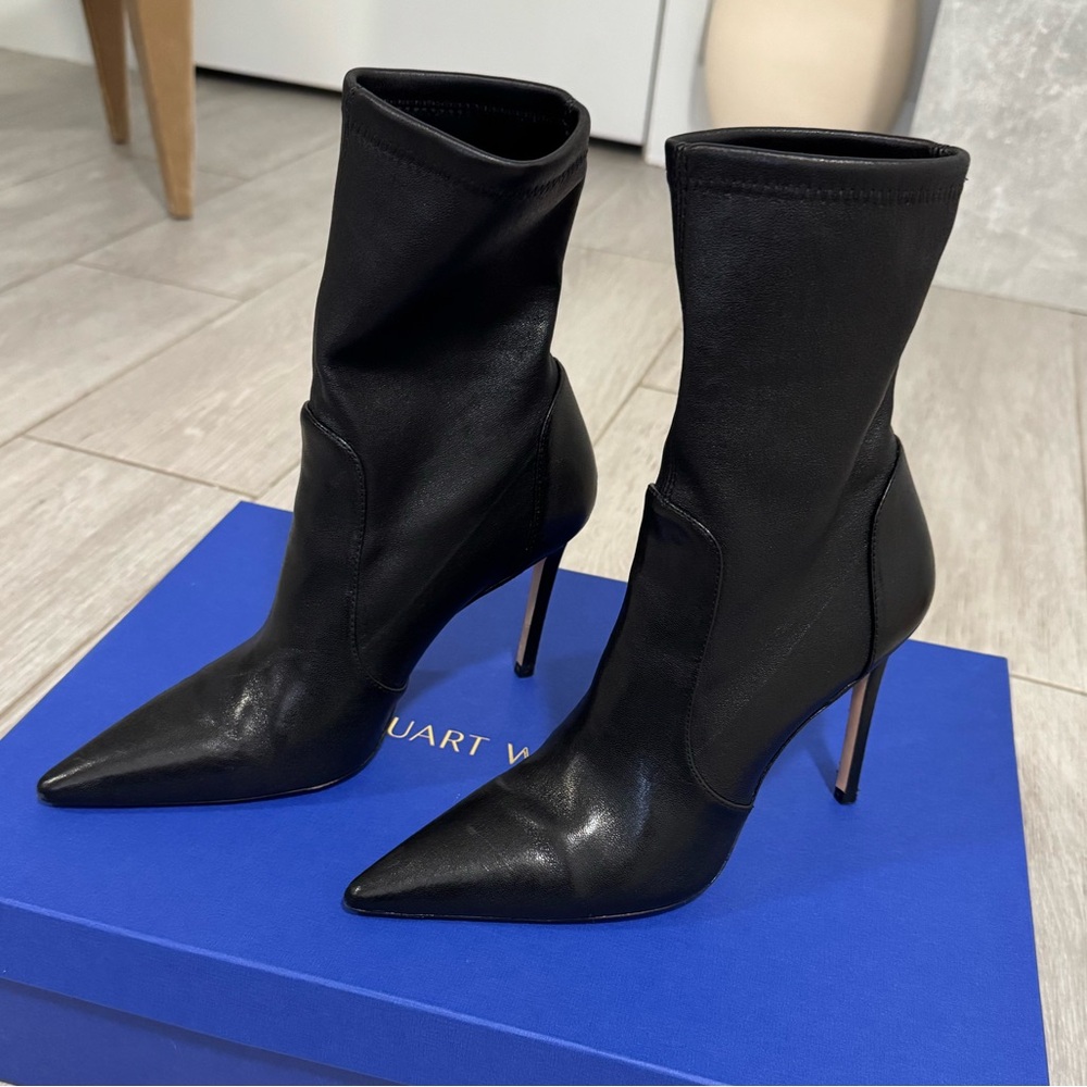 Stuart Weitzman Power Bootie 100 (Black Leather Ankle Boots Heels)